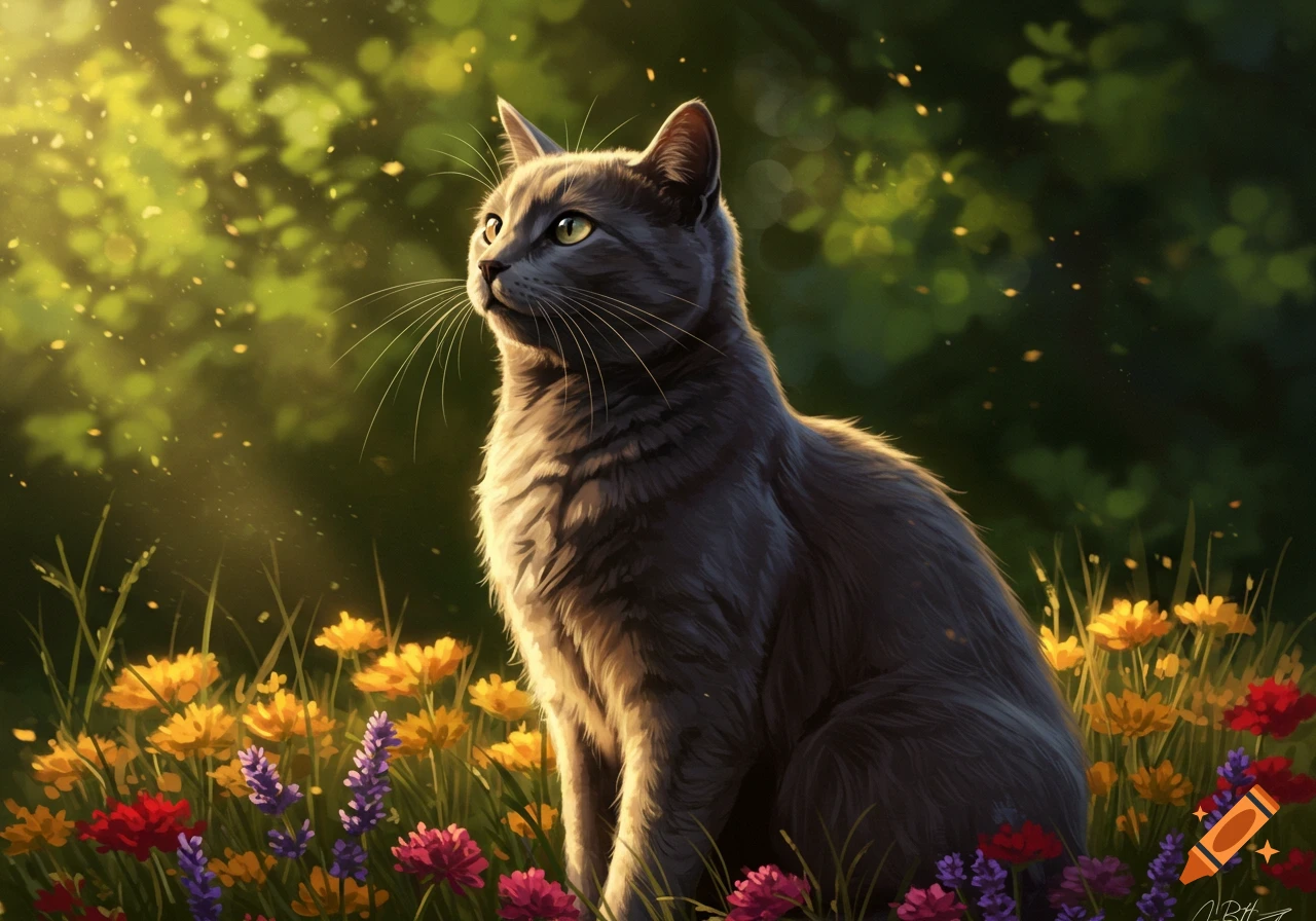 A gray cat with green eyes sits among yellow, red, and purple flowers, bathed in dappled sunlight from a lush green background.