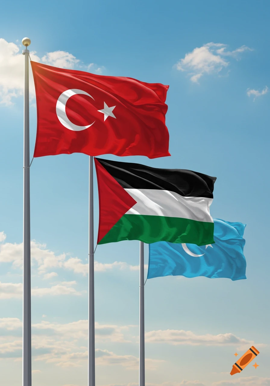Turkish, Palestinian, and Uyghur flags wave on poles against a bright blue sky with scattered white clouds.