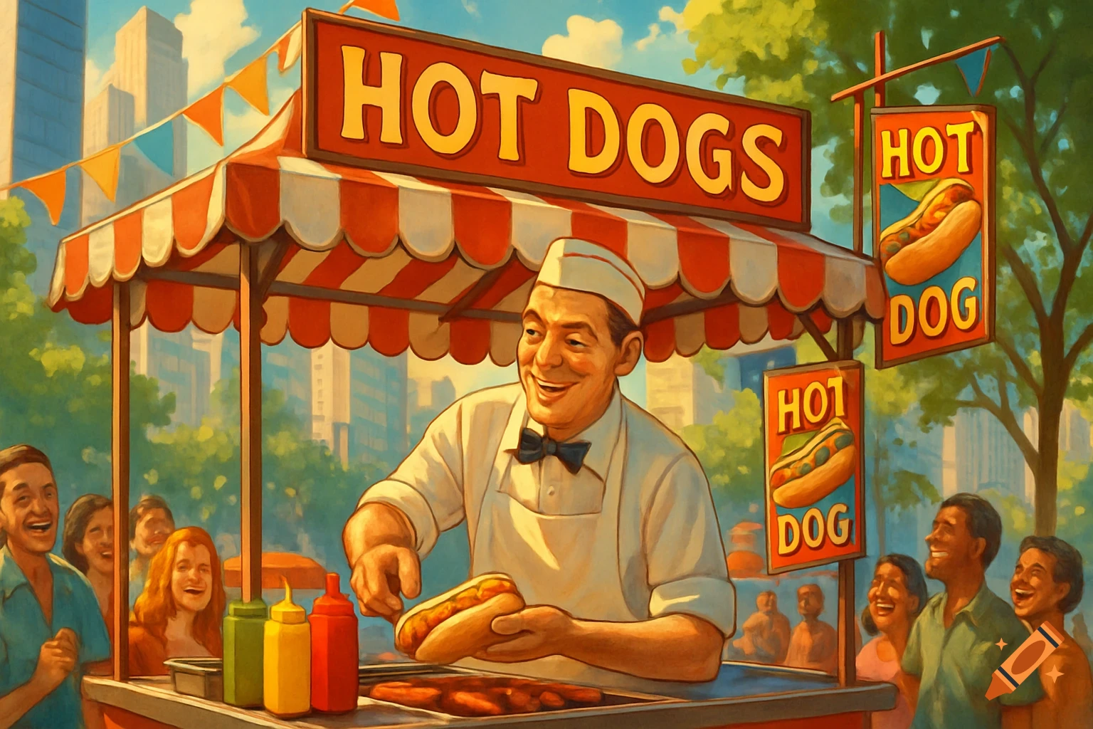 A smiling hot dog vendor serves customers at a bustling outdoor stand with 'HOT DOGS' signs in a painterly style.