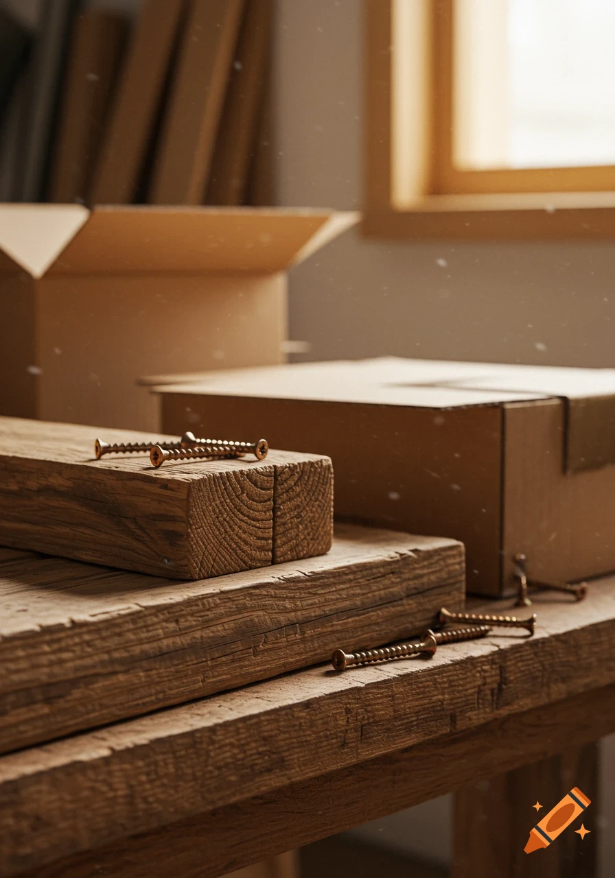 Close-up of golden screws on stacks of weathered wooden planks, with cardboard boxes and a window in the blurry background, bathed in dusty light.