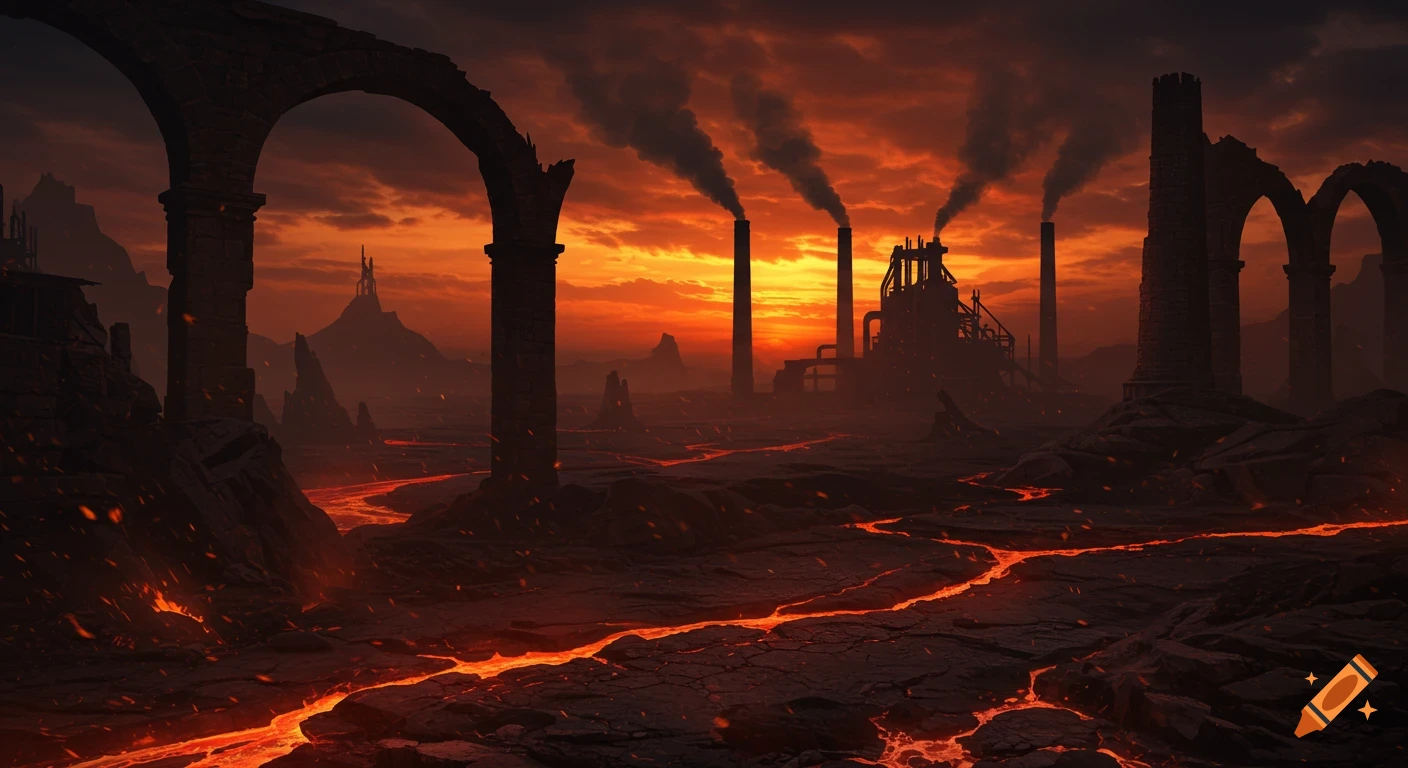 Dark fantasy landscape with glowing lava rivers, industrial chimneys, and decaying stone arches under a dramatic red and orange sky.