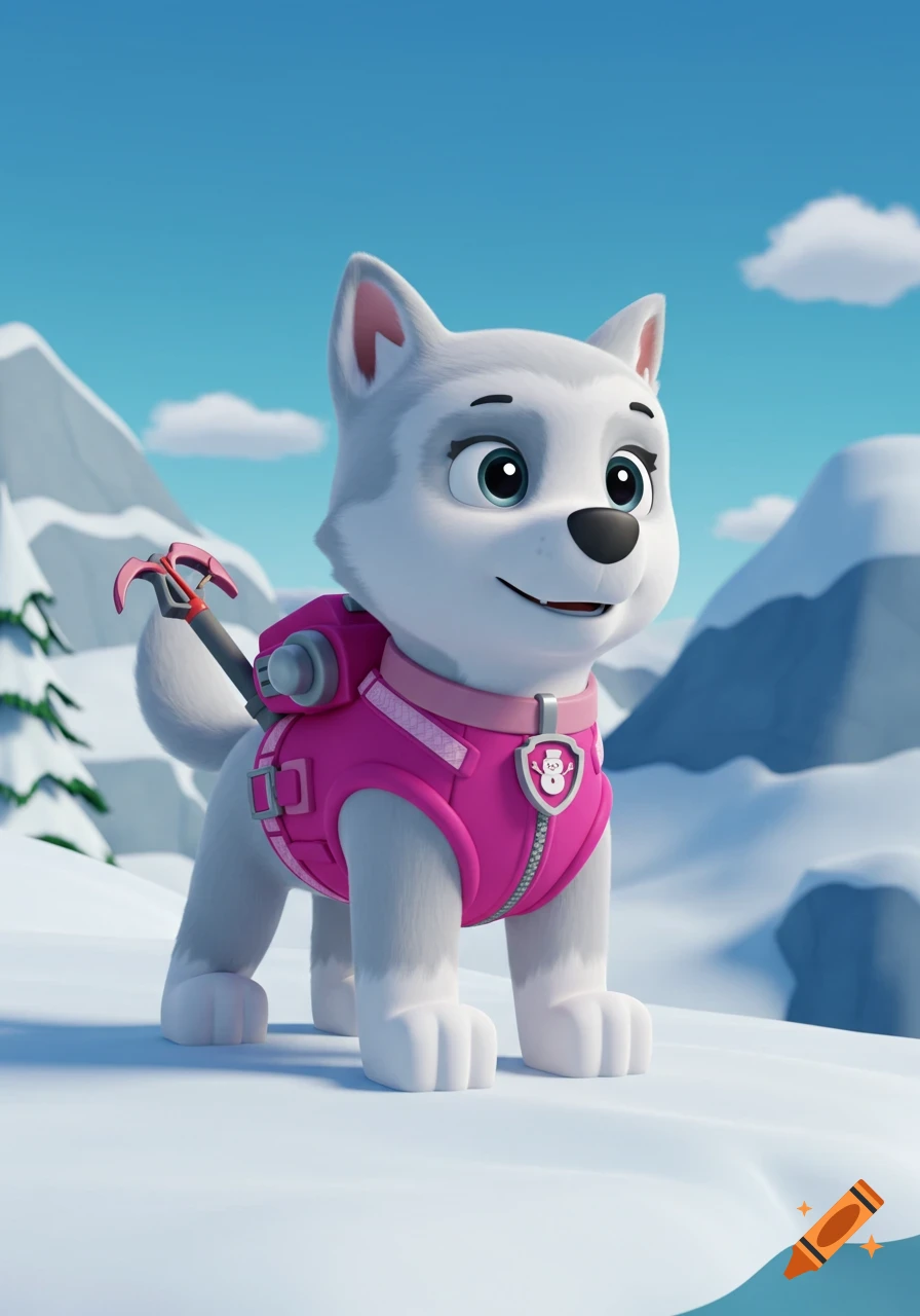 Cartoon husky pup Gilda in a pink harness with an ice axe on her pack, standing in a snowy mountain landscape.