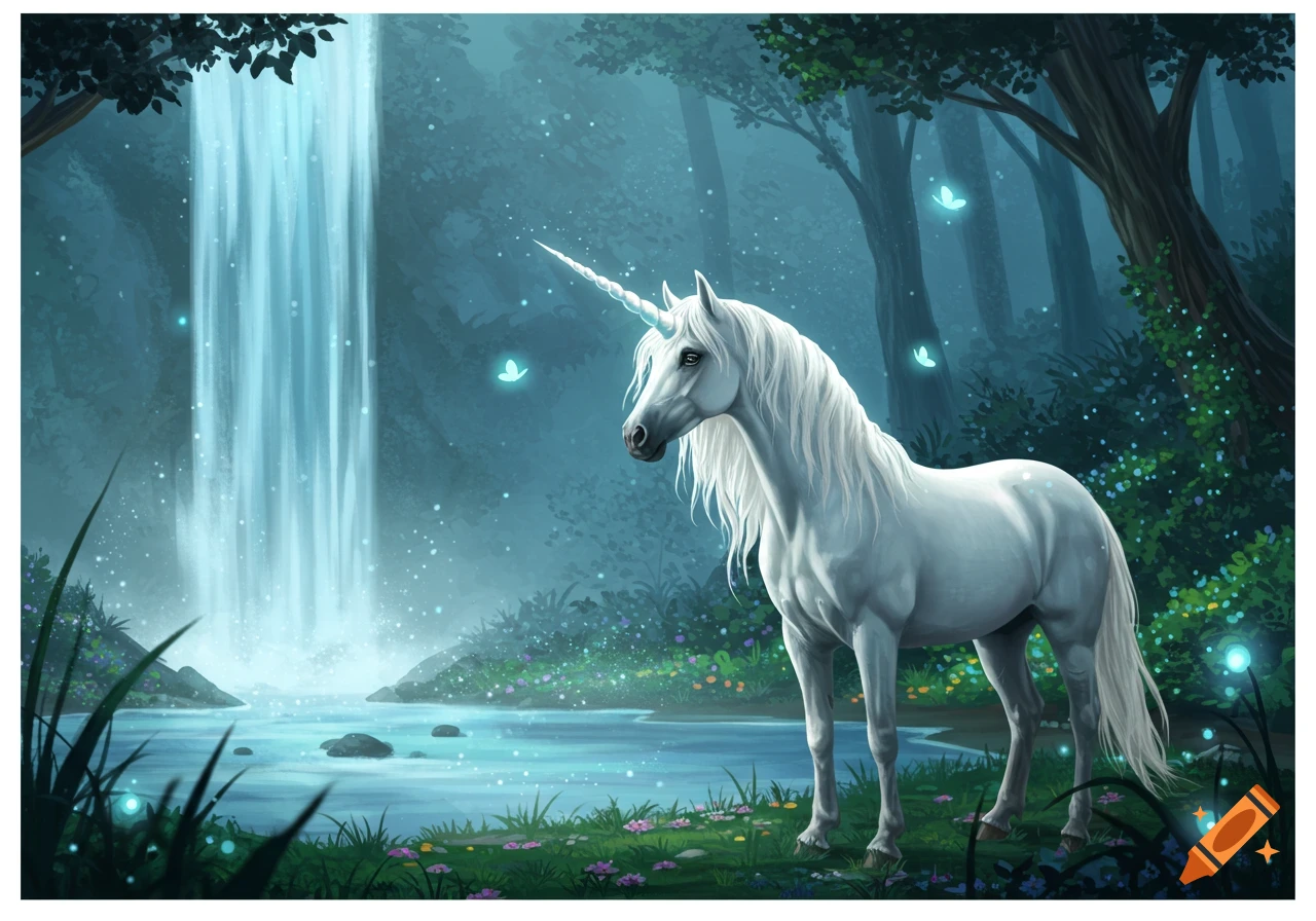A majestic white unicorn stands by a luminous waterfall in a magical forest, surrounded by glowing foliage and butterflies, fantasy illustration.