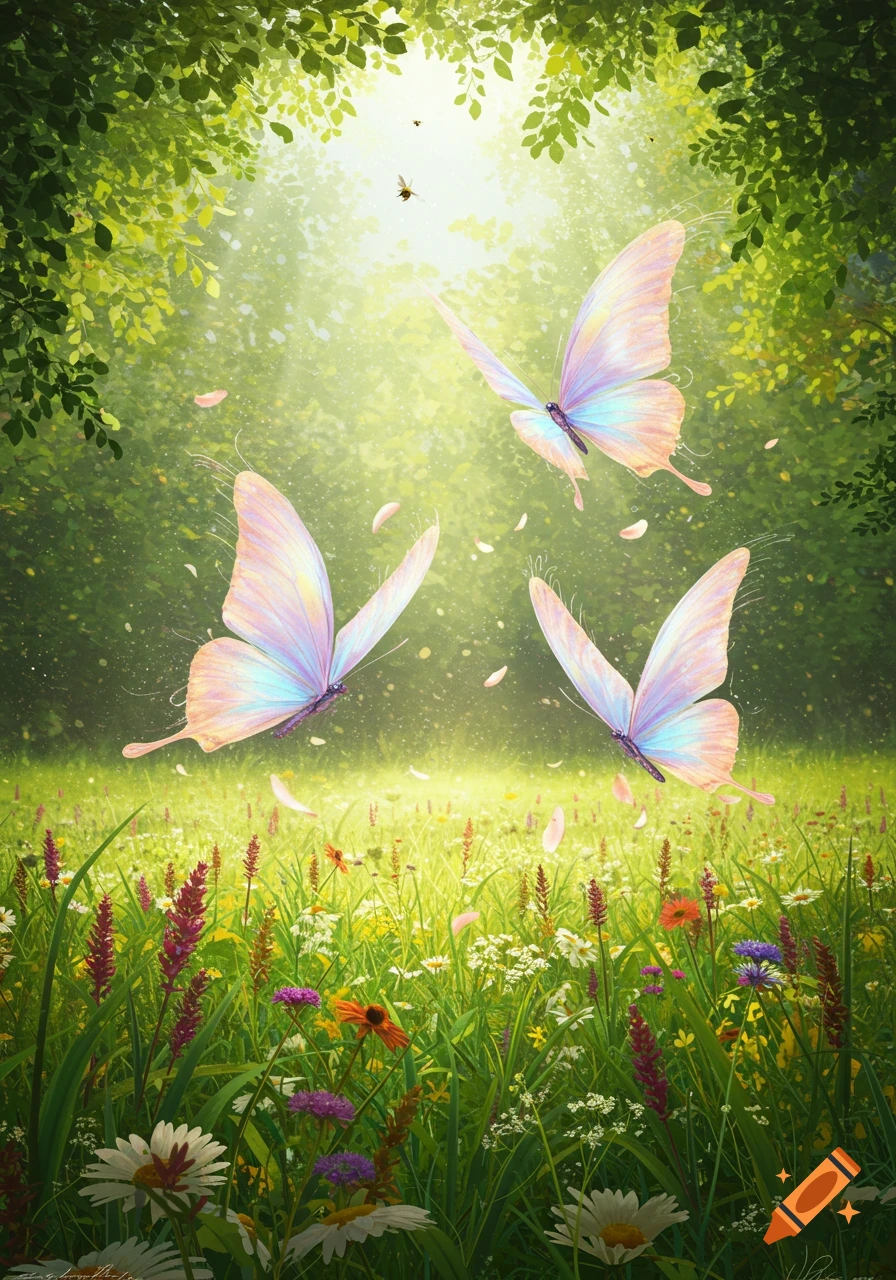 Three iridescent butterflies fly above a vibrant wildflower meadow with dappled sunlight from a forest canopy.