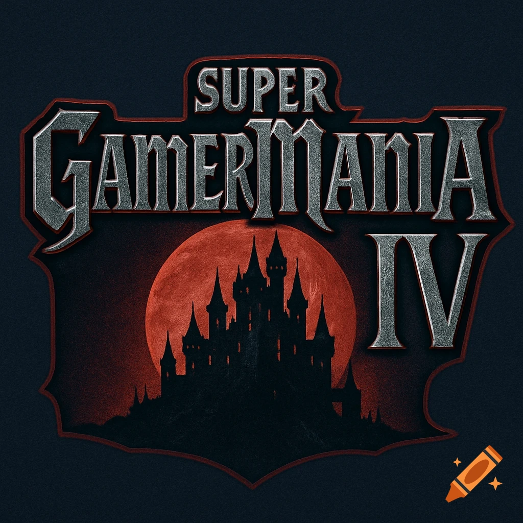 A gothic-style logo for Super GamerMania IV featuring metallic text above a silhouetted castle against a large red moon.