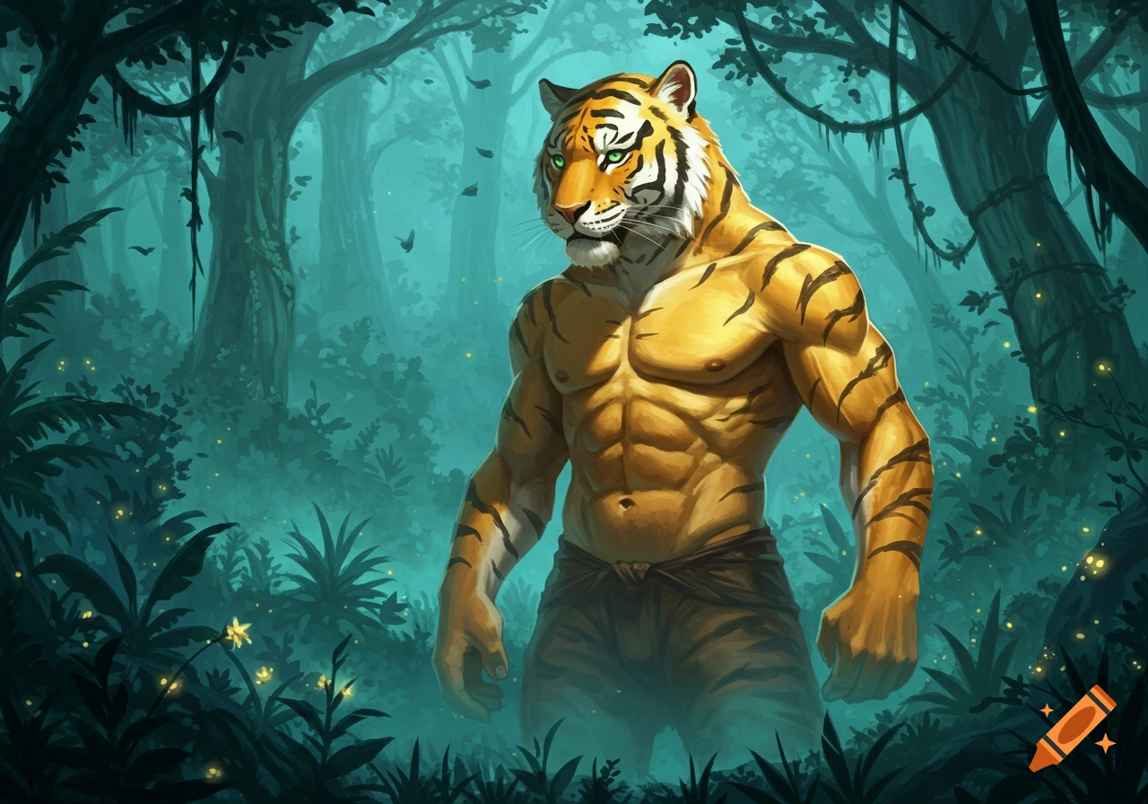 A muscular anthropomorphic tiger with green eyes stands in a lush, glowing jungle, in a digital painting style.