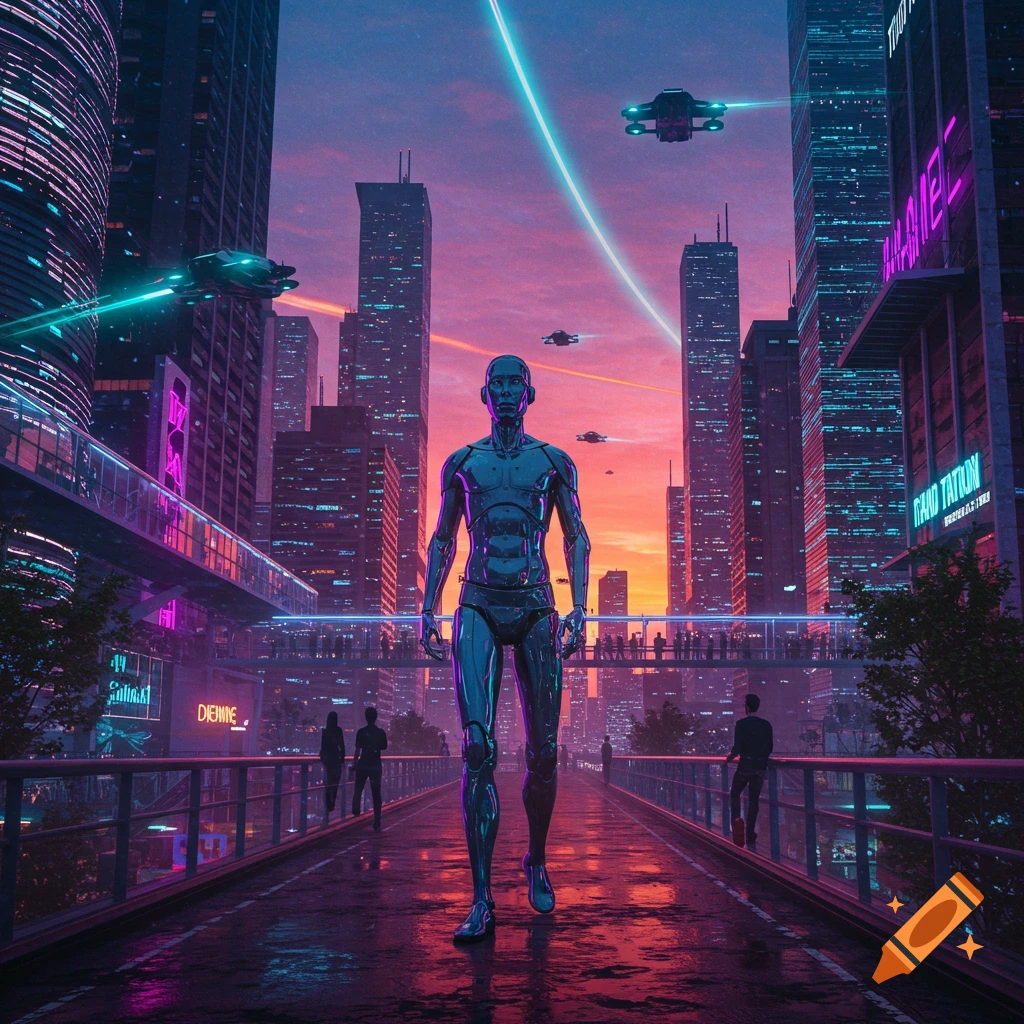 A metallic humanoid robot walks on a futuristic bridge in a neon-lit cyberpunk city with flying vehicles and a vibrant sunset.