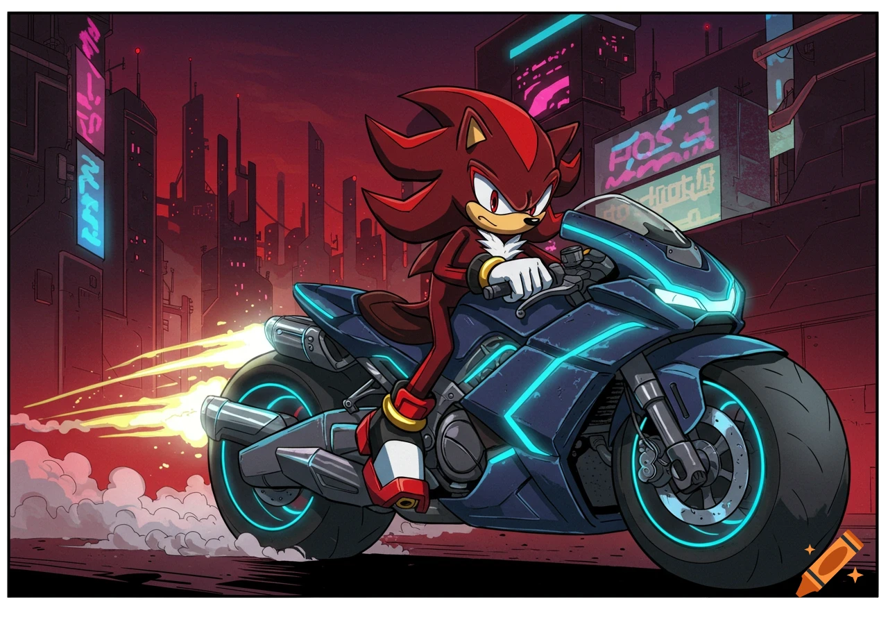 Shadow the Hedgehog on a futuristic motorcycle with glowing blue accents speeds through a cyberpunk city at night, exhaust blurring behind him. The sky is dark red.