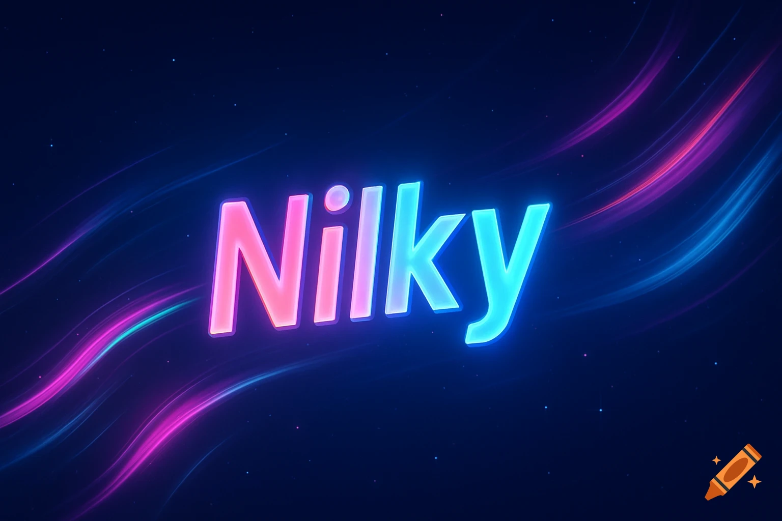 Neon pink and blue text spelling "Nilky" on a dark blue background with abstract glowing light streaks.