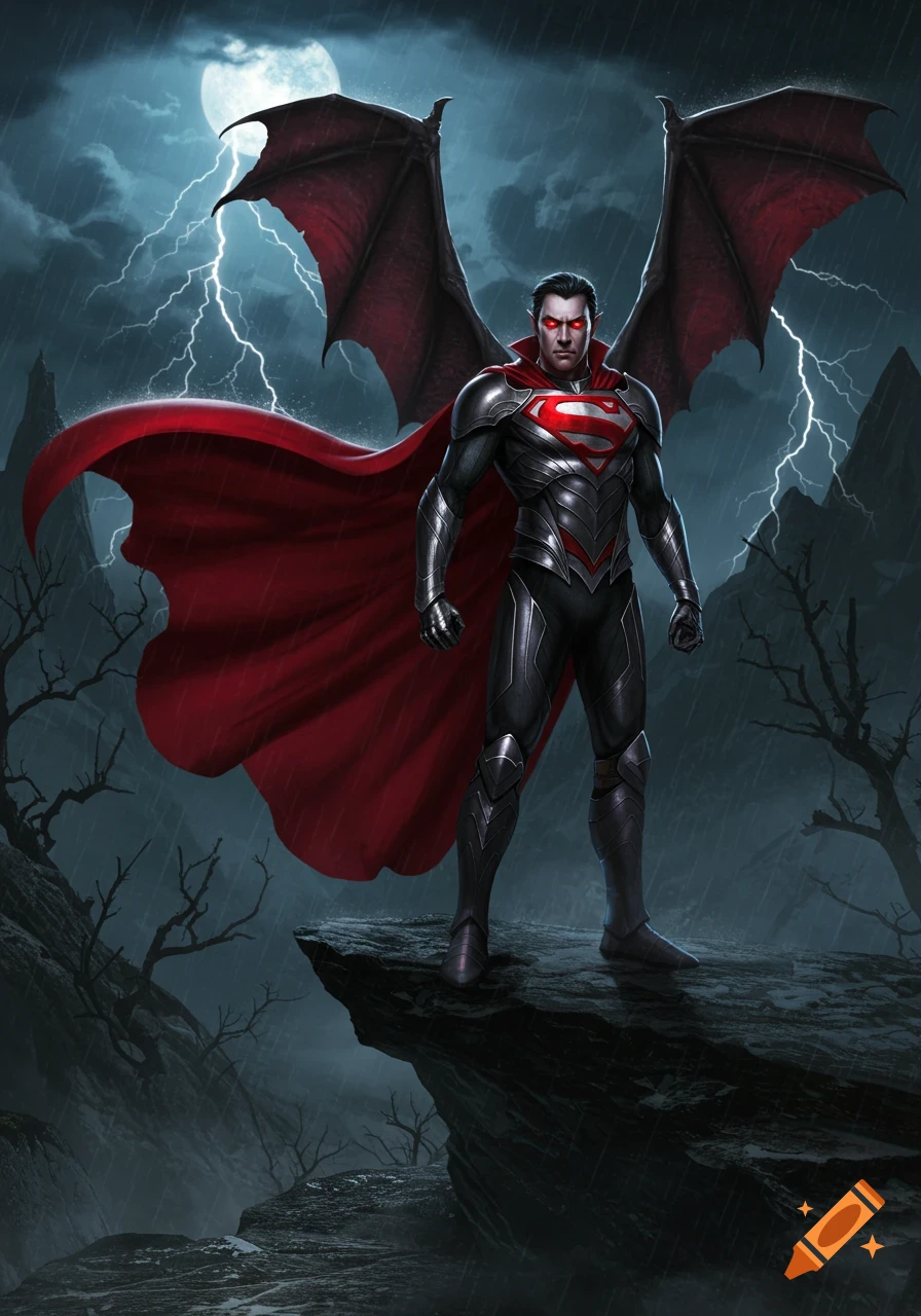 A vampire-like superhero with bat wings, red eyes, a dark armored suit, and a red cape stands on a rocky cliff during a stormy night with lightning and a full moon.