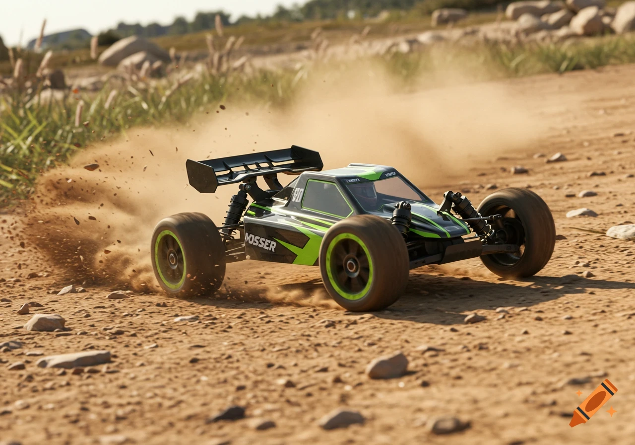 A green and black remote-controlled race buggy kicks up dust as it speeds across a dirt track under a bright sky.