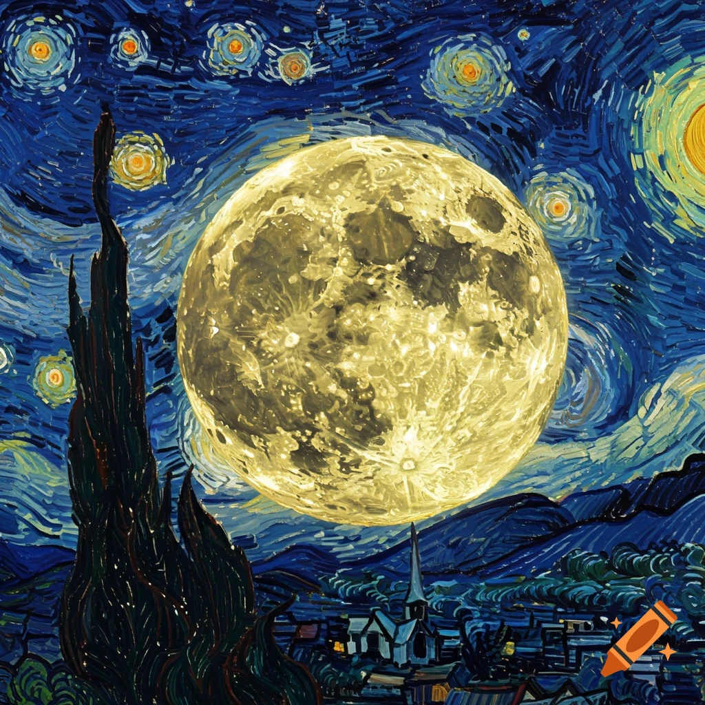 Van Gogh style painting of a large, luminous full moon over a village with a cypress tree under a swirling starry night sky.
