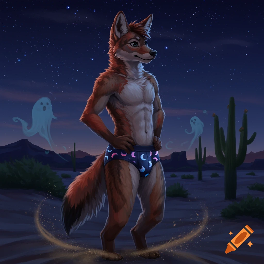A muscular furry coyote in moon-patterned briefs stands in a desert at night with cacti and ghosts under a starry sky.