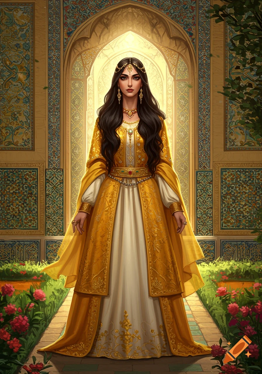 A beautiful woman with long dark hair in a golden and white traditional Persian dress stands in an ornate archway with tiled walls and rose gardens.