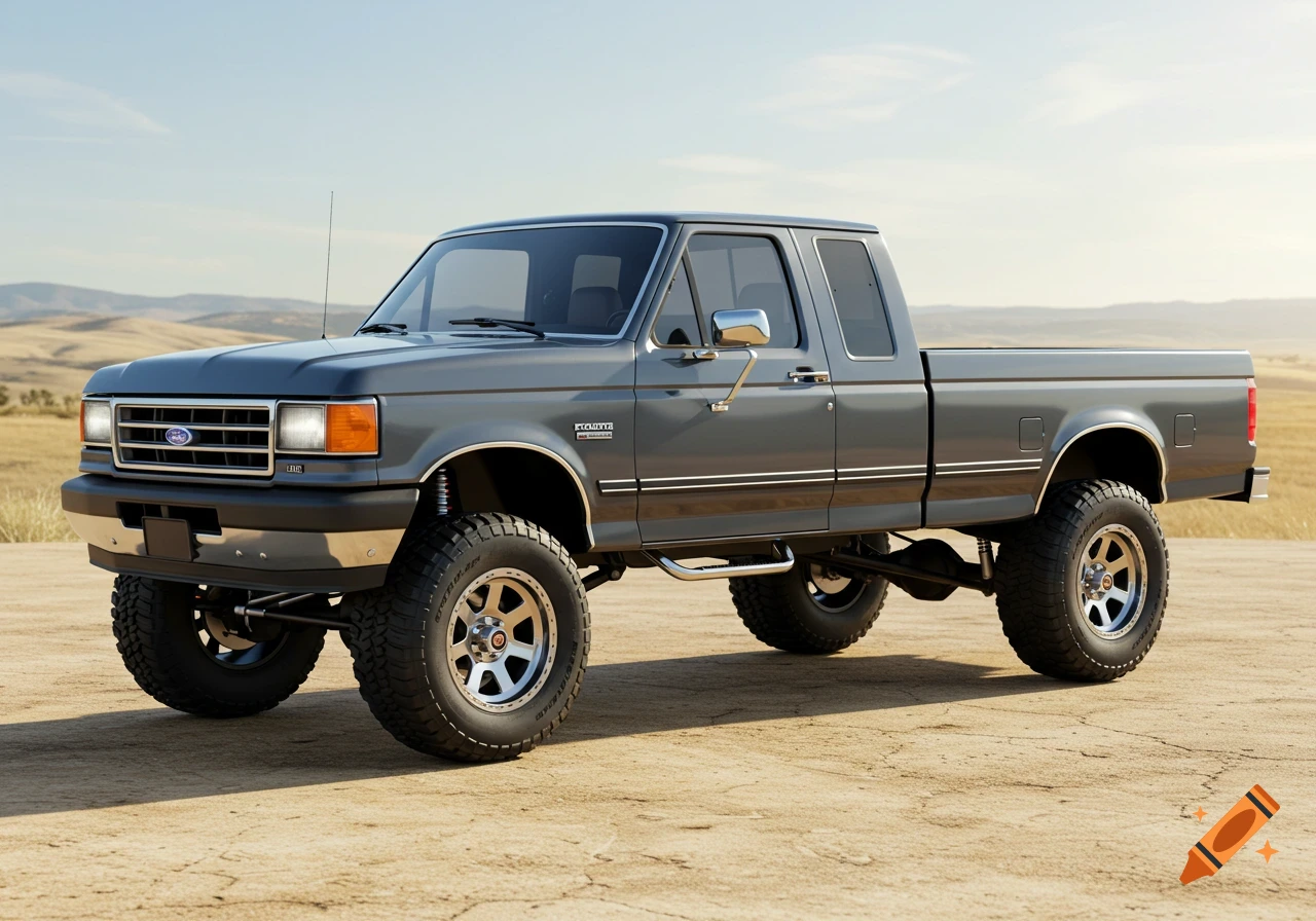 A gray 1991 Ford F-150 4x4 pickup truck with a lift kit and off-road tires parked on a dirt road in a desert.
