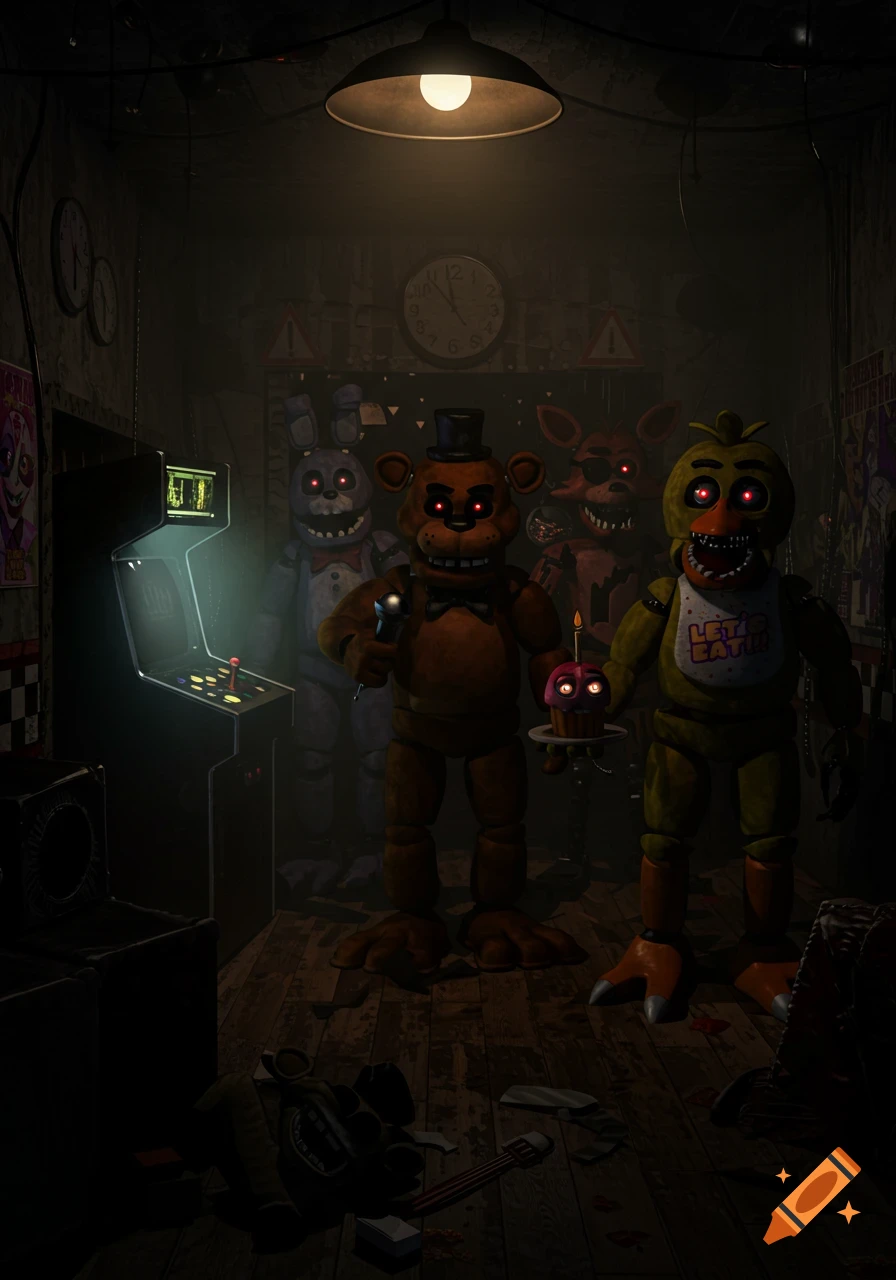 Four FNAF animatronics (Freddy, Bonnie, Foxy, Chica) with glowing red eyes stand in a dark, cluttered arcade room.