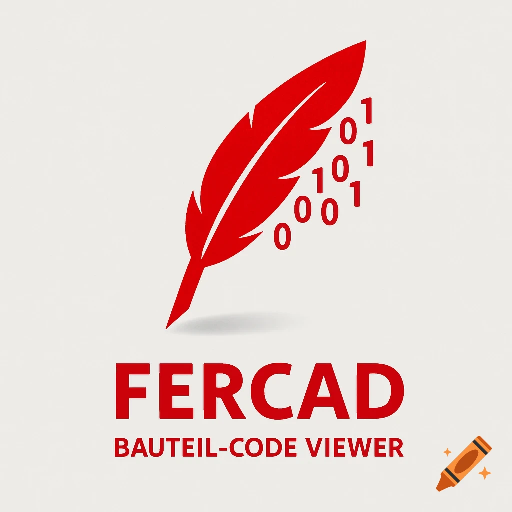 A red logo featuring a stylized quill pen, with binary digits (0s and 1s) flowing from its tip. Below the quill, the text "FERCAD" is prominently displayed, with "BAUTEIL-CODE VIEWER" underneath, all in red against a light gray background.