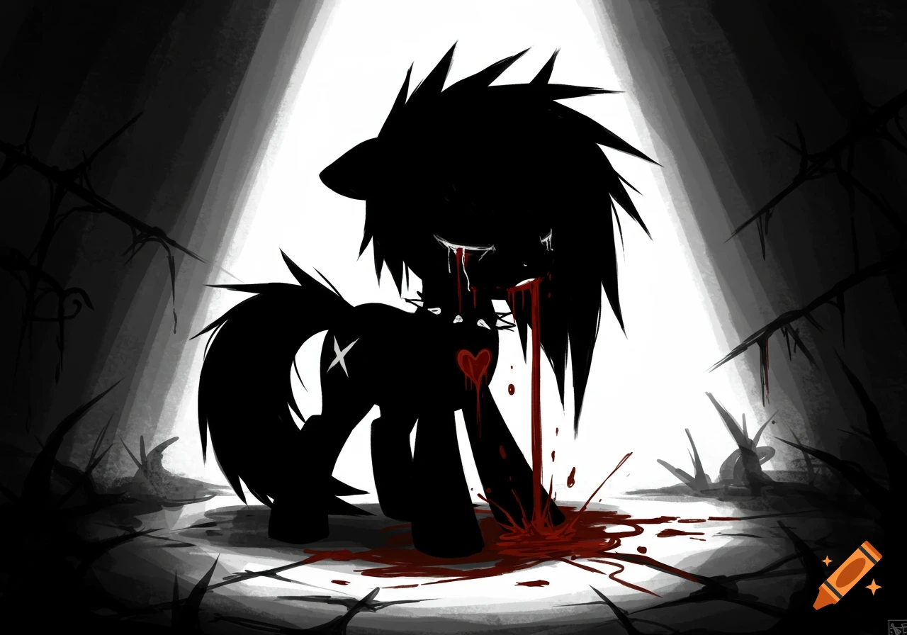 A black silhouette of a spiky-haired pony character cries tears of blood, bleeding heavily from its chest, in a dark, stylized, edgy cartoon scene.