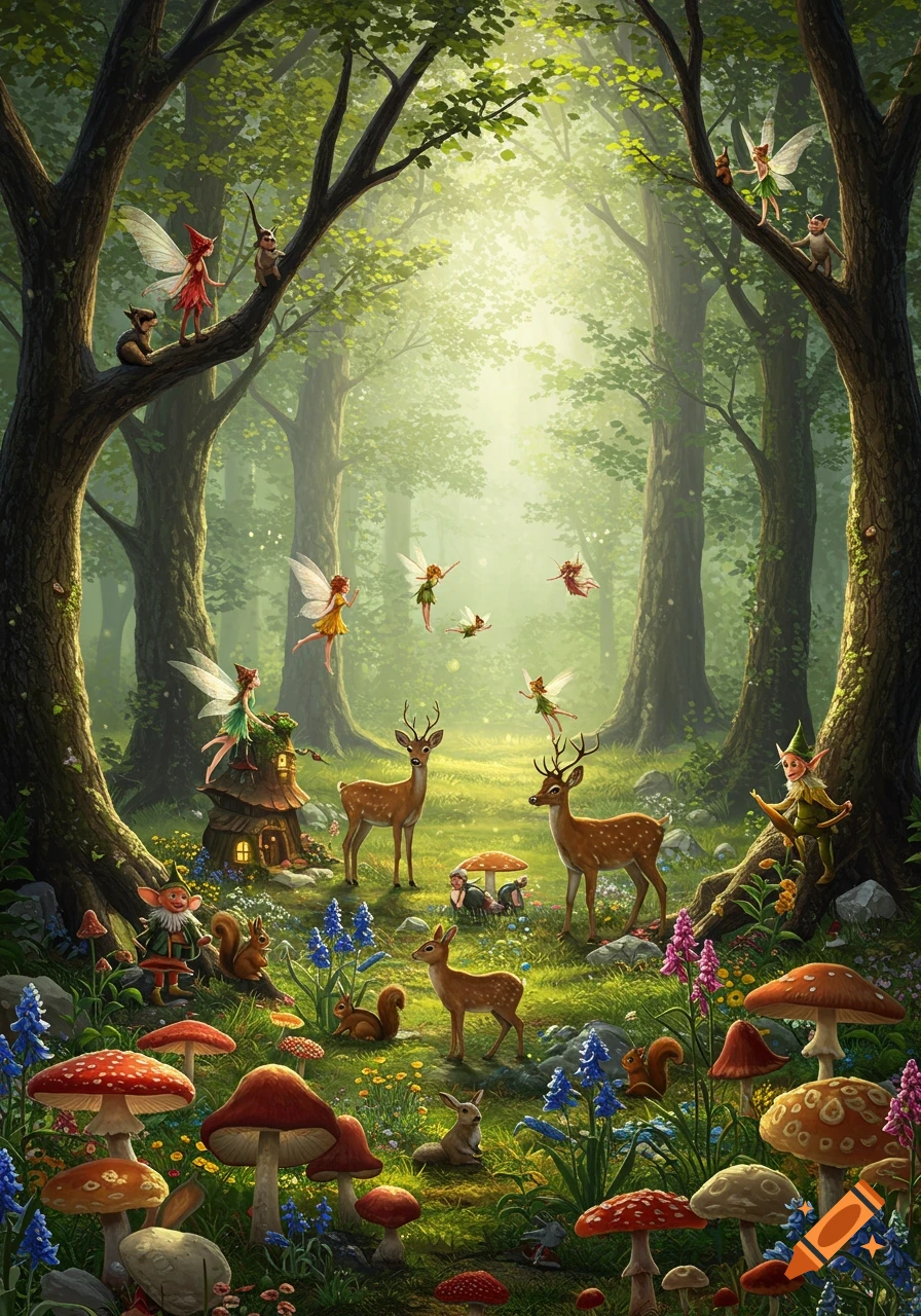A vibrant fairytale forest with fairies, gnomes, deer, squirrels, and rabbits among colorful mushrooms and lush trees.