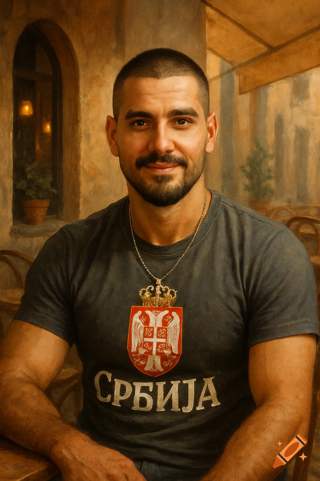 A man with a buzzcut and beard, wearing a gray t-shirt with a Serbian crest and the word "СРБИЈА" in Cyrillic, sits at a table in a warm, painterly setting.