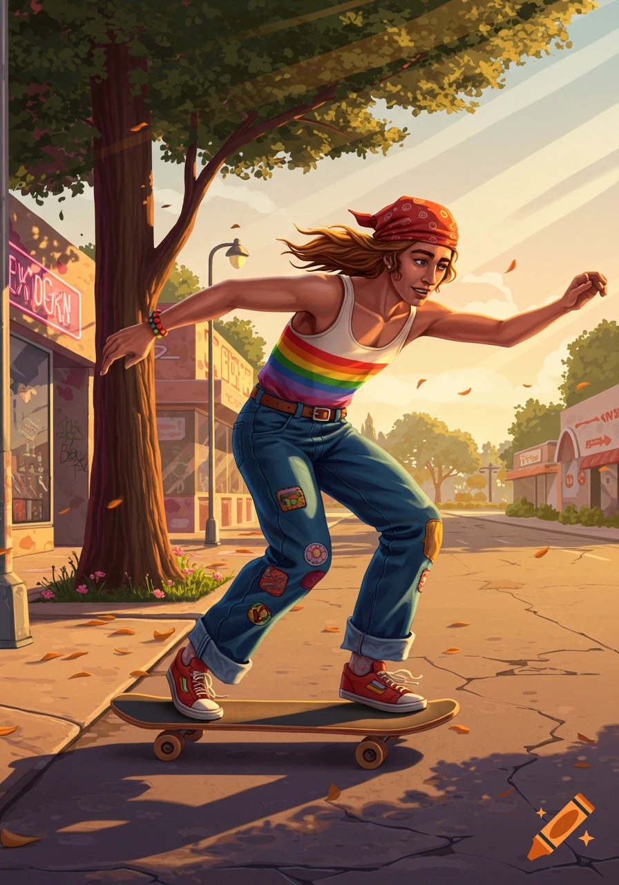A person in a rainbow tank top and jeans skateboards down a sunlit street with trees and buildings in an illustrative style.