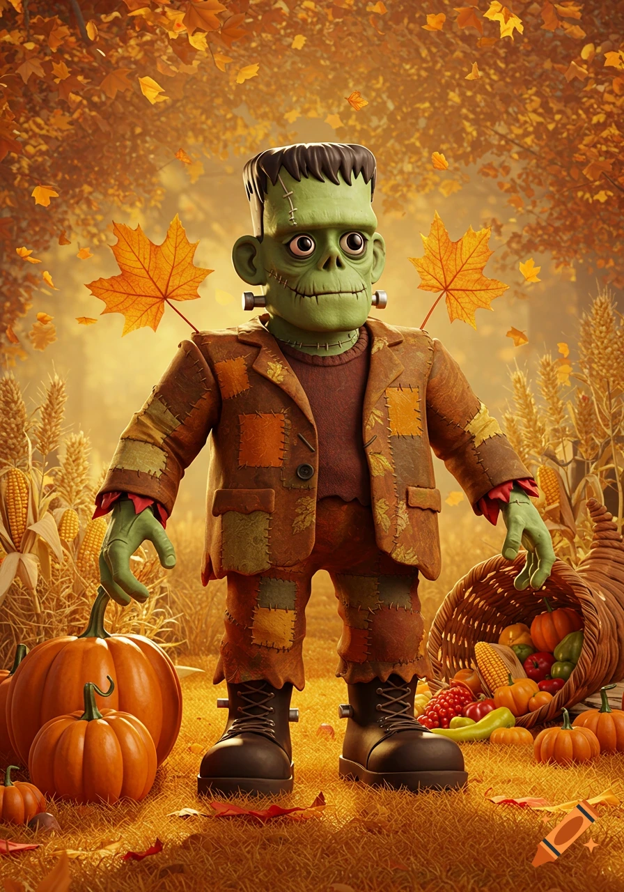 A stylized cartoon Frankenstein monster stands in an autumn harvest scene with pumpkins, corn, and falling leaves.