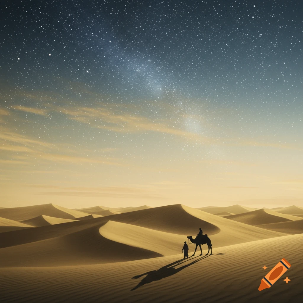 A person leads a camel across vast desert dunes under a breathtaking, star-filled night sky with the Milky Way visible.