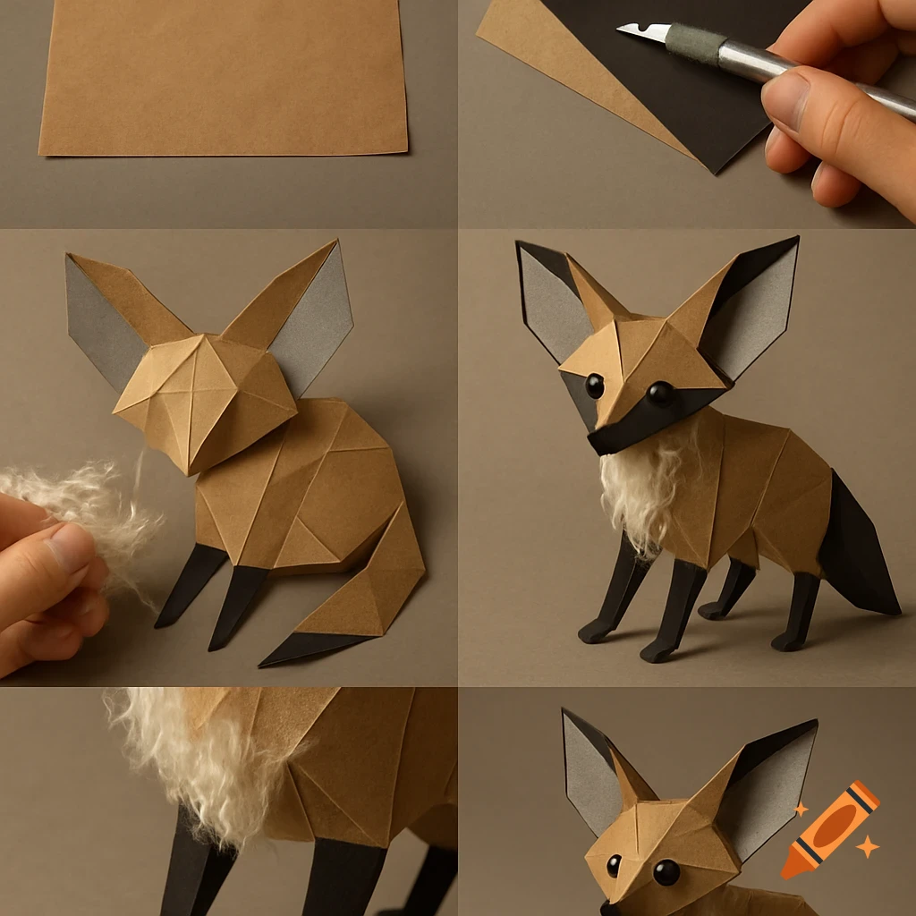 Multi-panel image showing steps to create a papercraft bat-eared fox with brown, black, and gray paper and fluffy chest fur.
