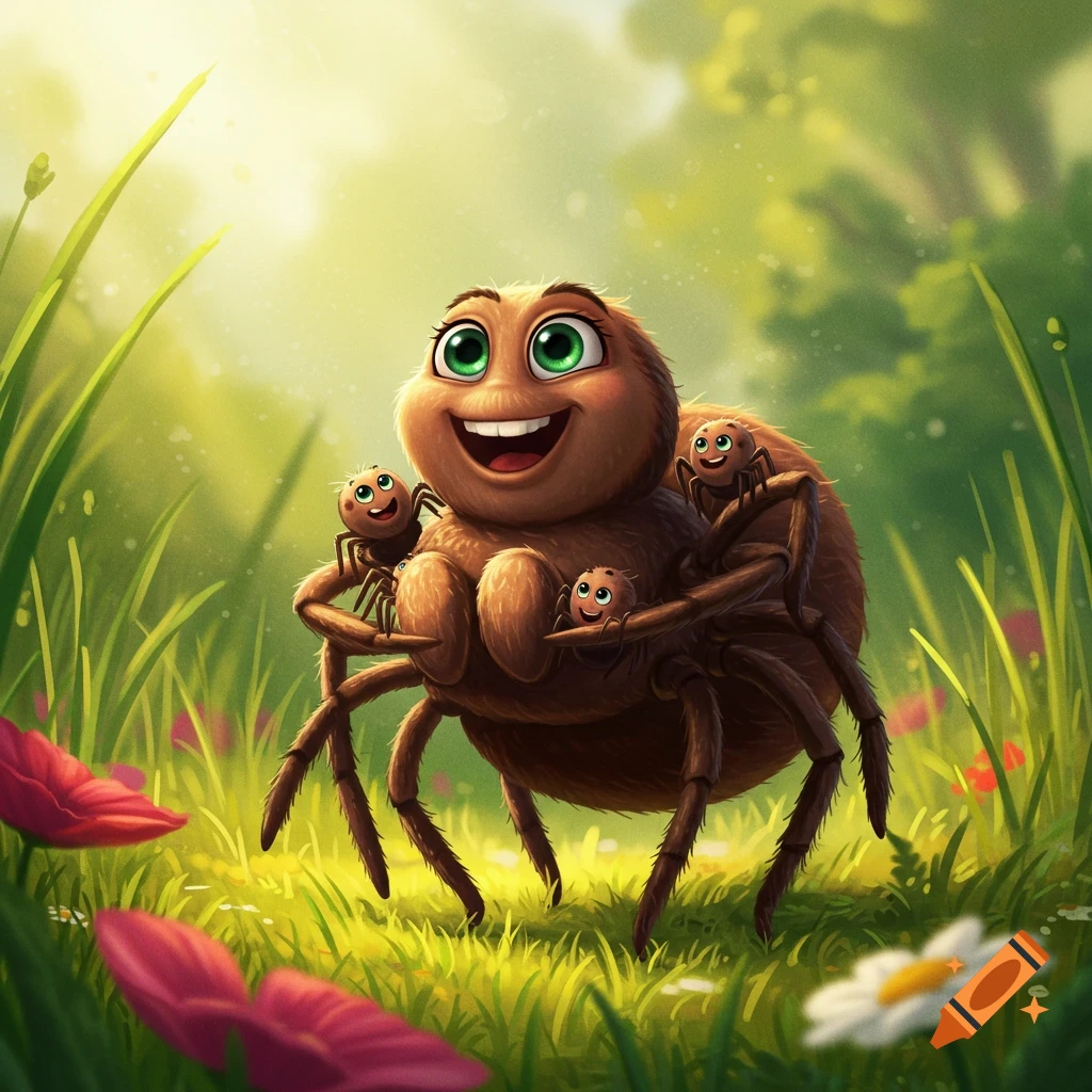 A cute Pixar-style cartoon illustration of a happy brown spider carrying three baby spiders in a vibrant green grassy field with flowers and soft lighting.