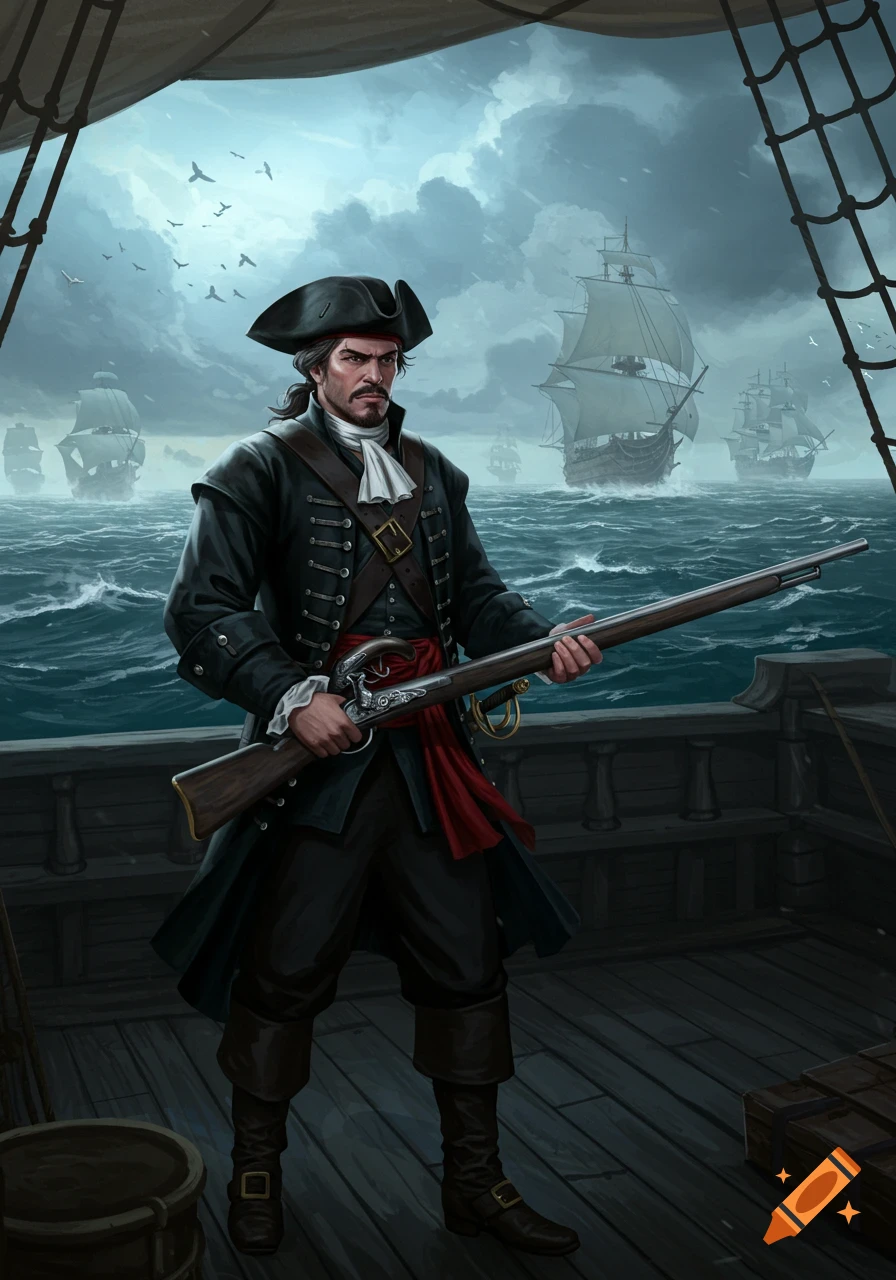 A man in pirate attire and a tricorn hat stands on a ship's deck, holding a musket, with other ships on a stormy sea.