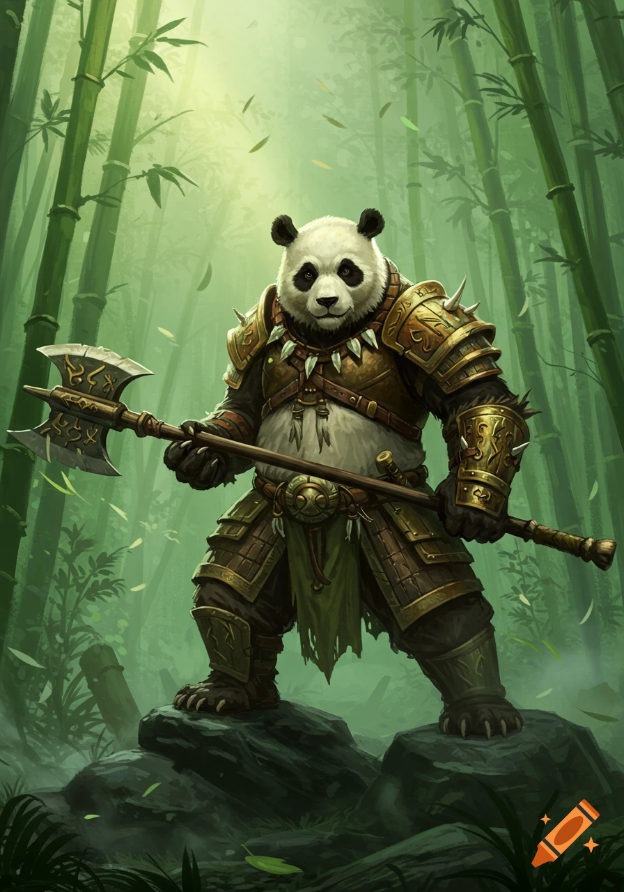 A powerful panda warrior in detailed golden and leather armor holds a large axe, standing on rocks in a mystical bamboo forest. Fantasy art.