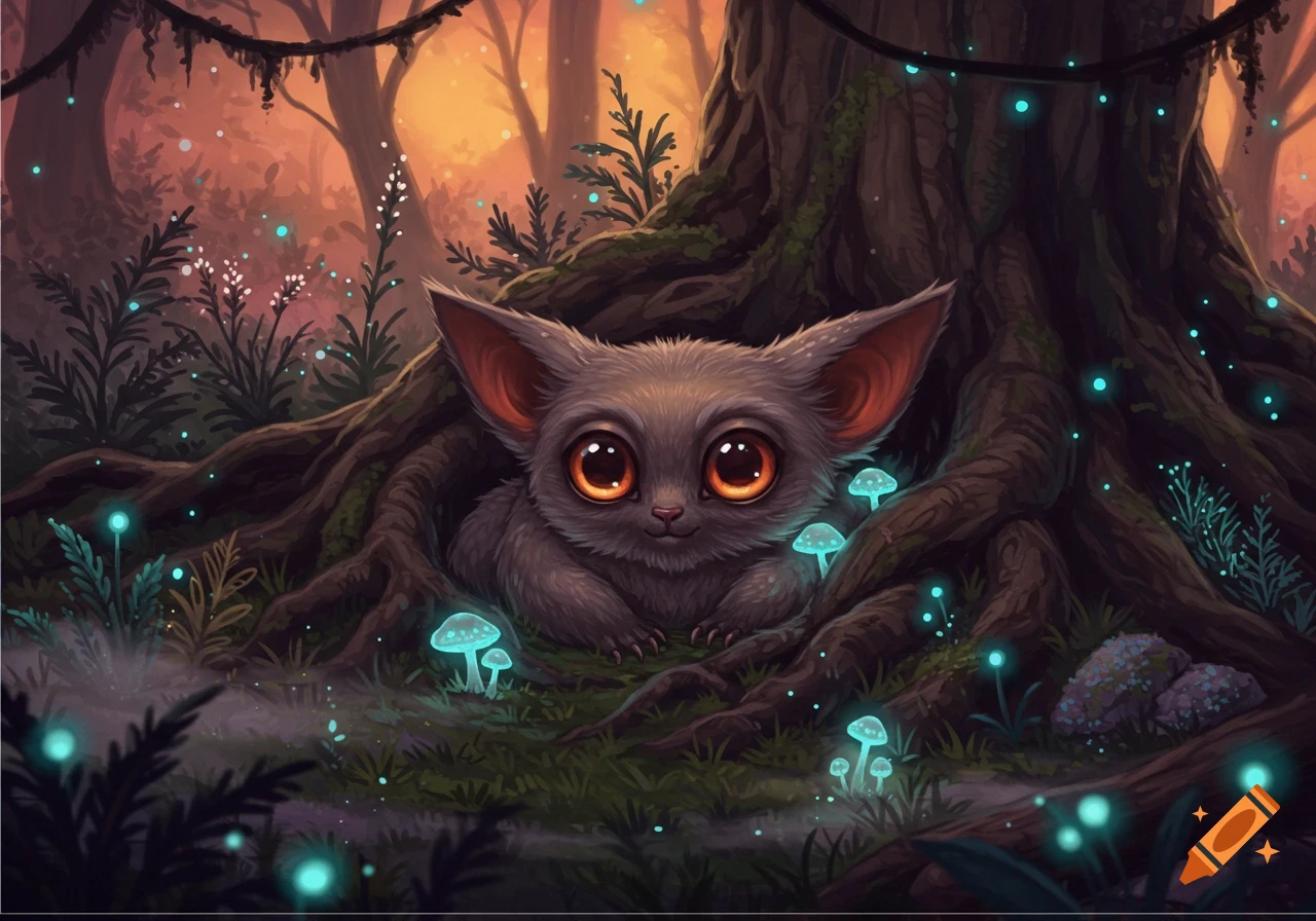 A wide-eyed, furry creature with large ears hides among tree roots in a whimsical forest with glowing blue mushrooms and lights.