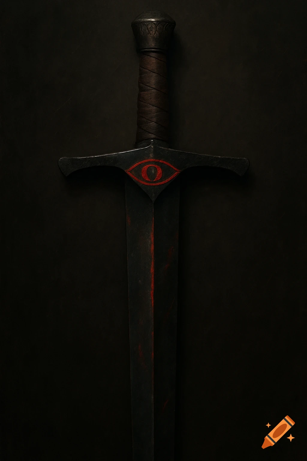 A dark, ornate longsword with a red eye symbol on its crossguard and subtle reddish streaks on the blade, against a dark background.