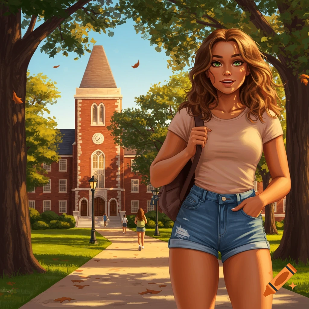 A cartoon college girl with brown hair and green eyes walks towards a brick university building on a sunny day.