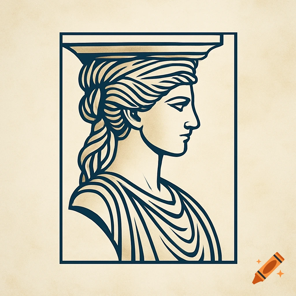 A minimalist architectural drafting style logo of a caryatid's profile, a woman with braided hair supporting a capital.