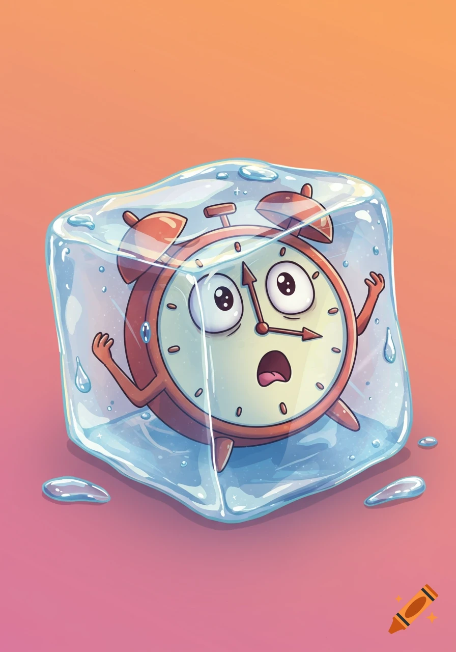 A cute, surprised cartoon alarm clock with big eyes and arms, trapped inside a melting ice cube, in a stylized anime illustration.