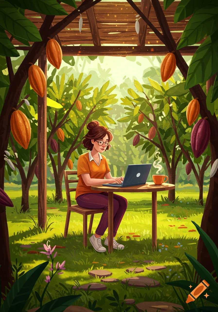 A woman works on a laptop at a table in a lush garden filled with cocoa plants, depicted in a vibrant digital art style.