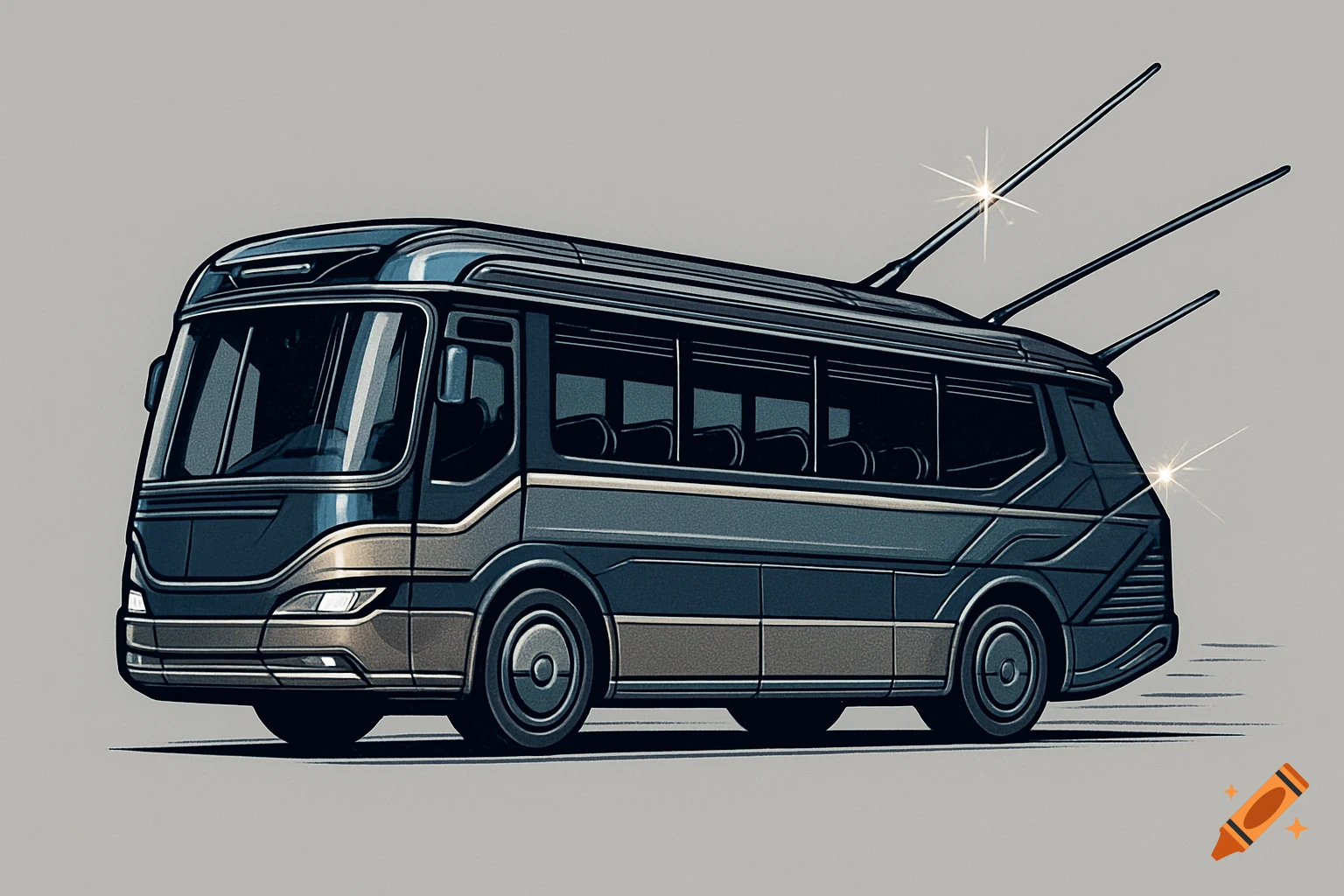 Side-profile illustration of a futuristic, sleek, navy, silver, and taupe bus-like spacecraft with antennas, in comic book style, on a light gray background.