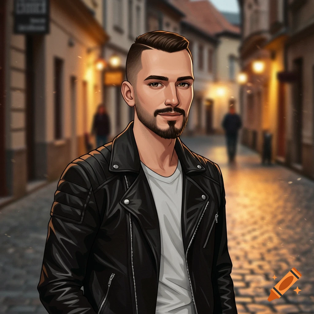 A stylized cartoon man with a goatee and buzzcut wears a black leather jacket over a white t-shirt, standing on a cobblestone street in a European city at dusk.
