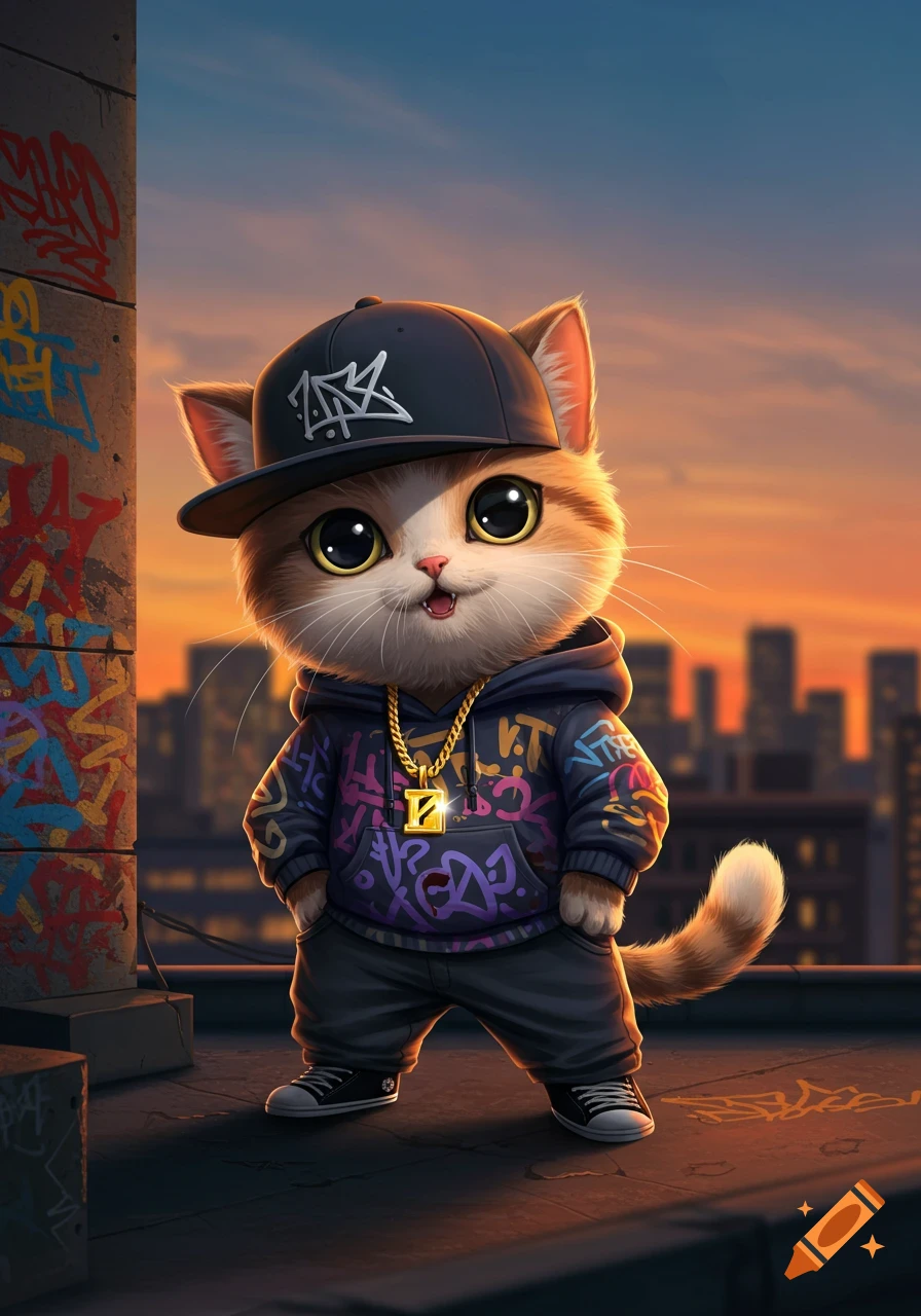 A cute cartoon cat wearing hip hop clothes, including a black cap, a purple and black graffiti-patterned hoodie, and a gold chain with a letter 'Z' or 'N' pendant. It stands on a rooftop with graffiti walls and a city skyline at sunset.