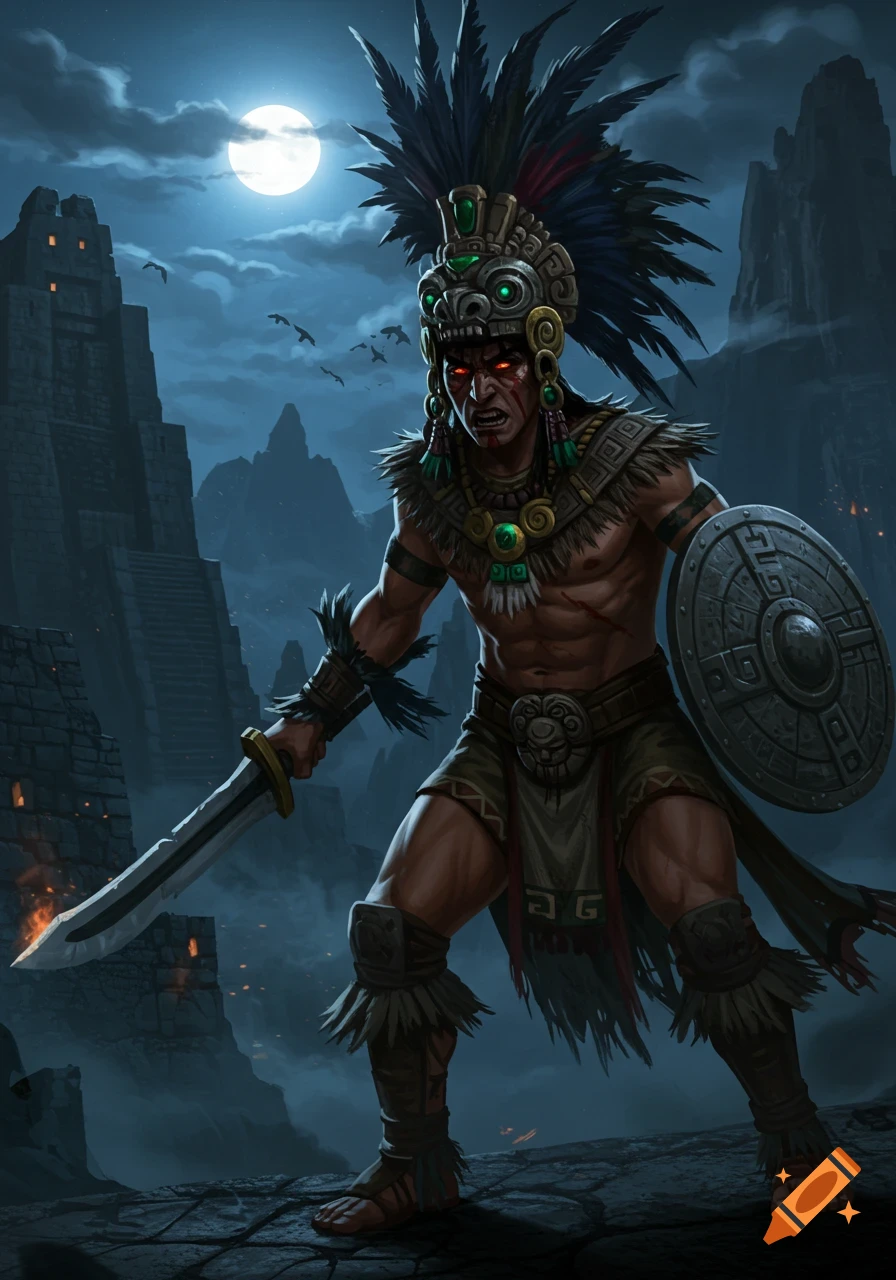 A fierce Maya warrior with glowing red eyes, elaborate headdress, sword, and shield stands before ancient temple ruins at night under a full moon.