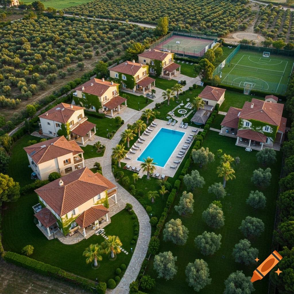 Aerial view of a luxurious resort complex with several villas, a swimming pool, tennis and basketball courts, and olive groves.