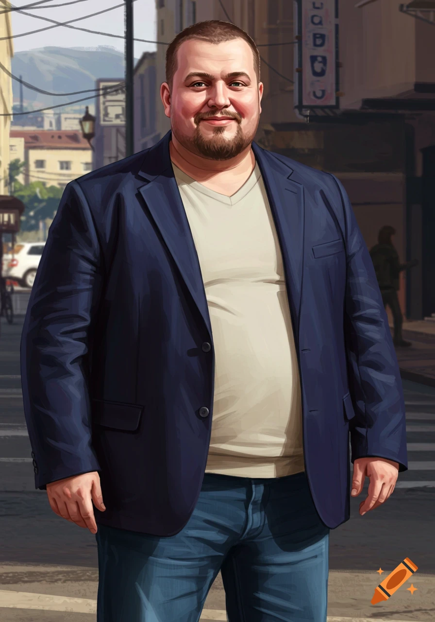 A plump man with a short beard smiles, wearing a navy blue blazer and jeans, in a GTA V style street portrait.
