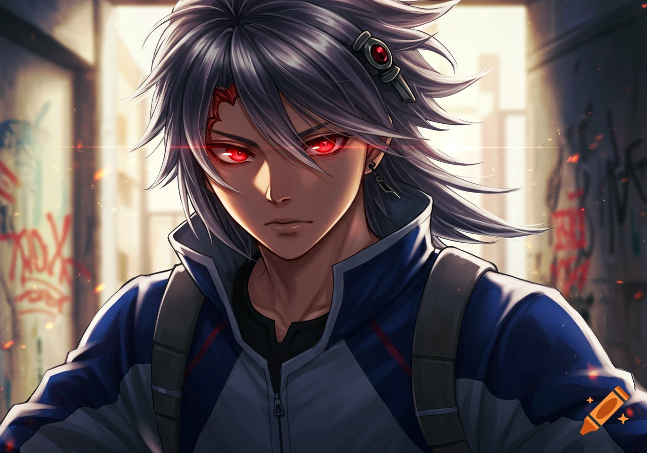 An anime male character with red eyes, grey spiky hair, and dark skin, wearing a blue and grey jacket, stands in an urban setting with graffiti.