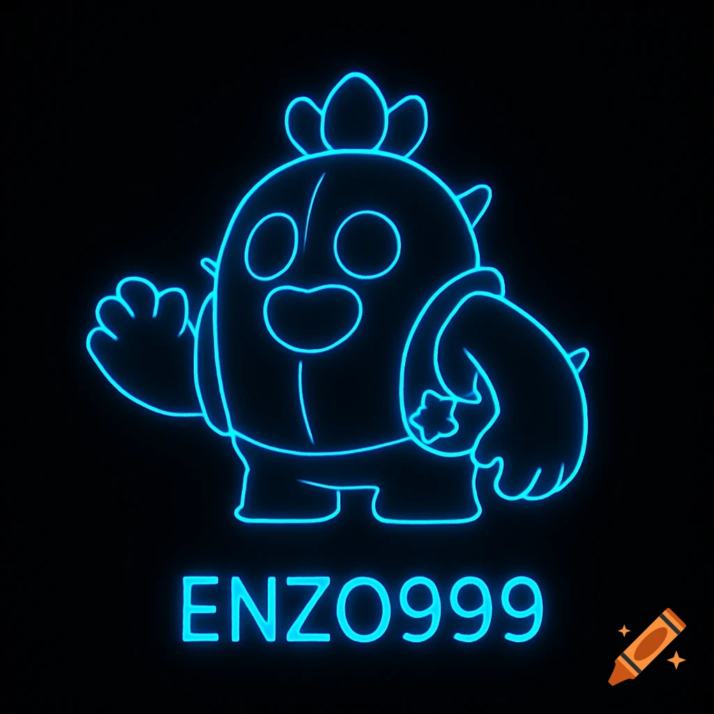 Electric blue neon outline of Spike from Brawl Stars on a black background, with 'ENZO999' below.