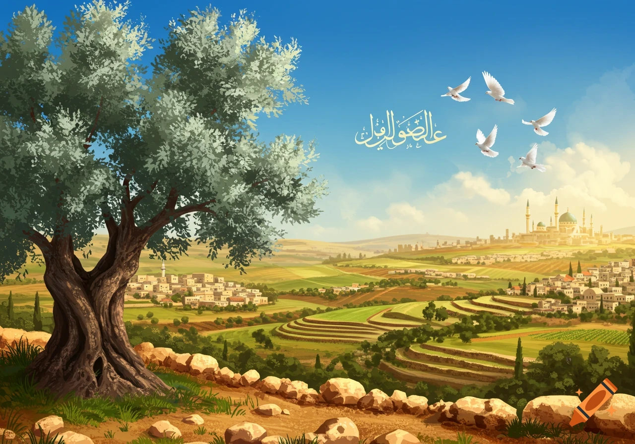 Illustrative landscape with a large olive tree, terraced fields, a village, and a distant city with a mosque under a blue sky with doves and calligraphy.