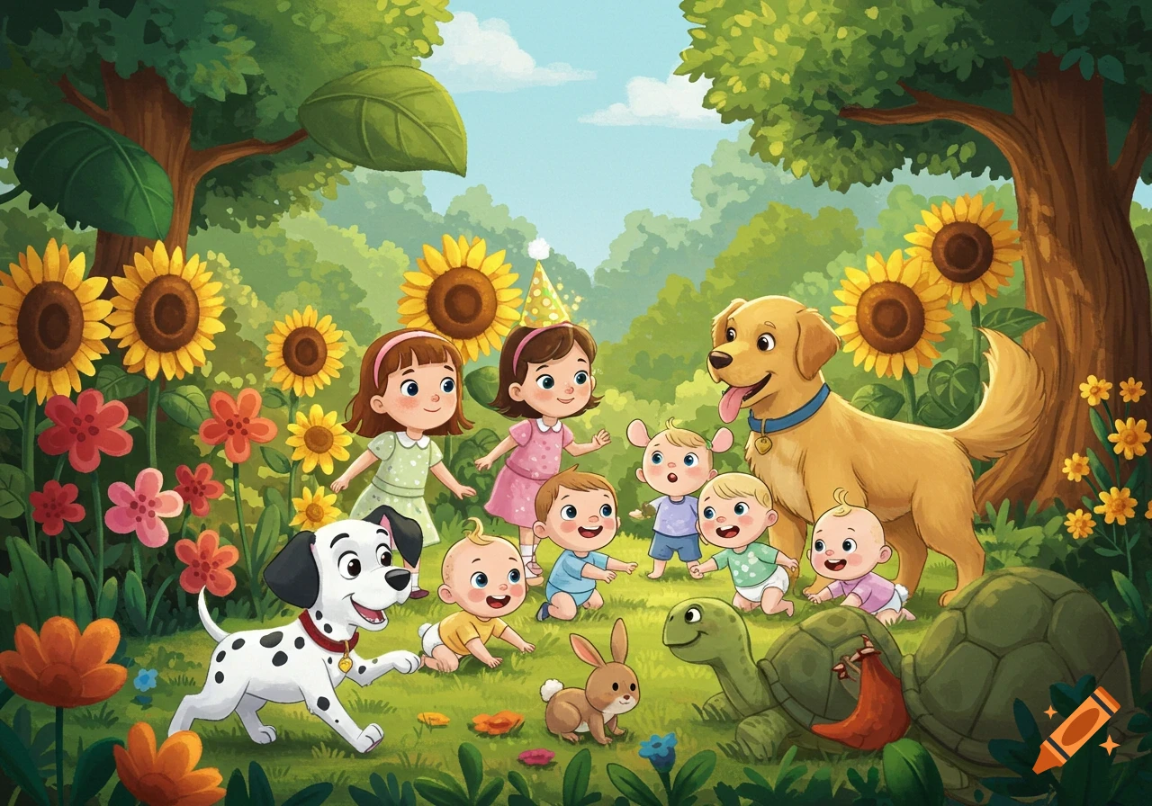 A joyful cartoon illustration of children, babies, two dogs, a bunny, and a turtle playing in a sunny garden filled with sunflowers and colorful flowers.