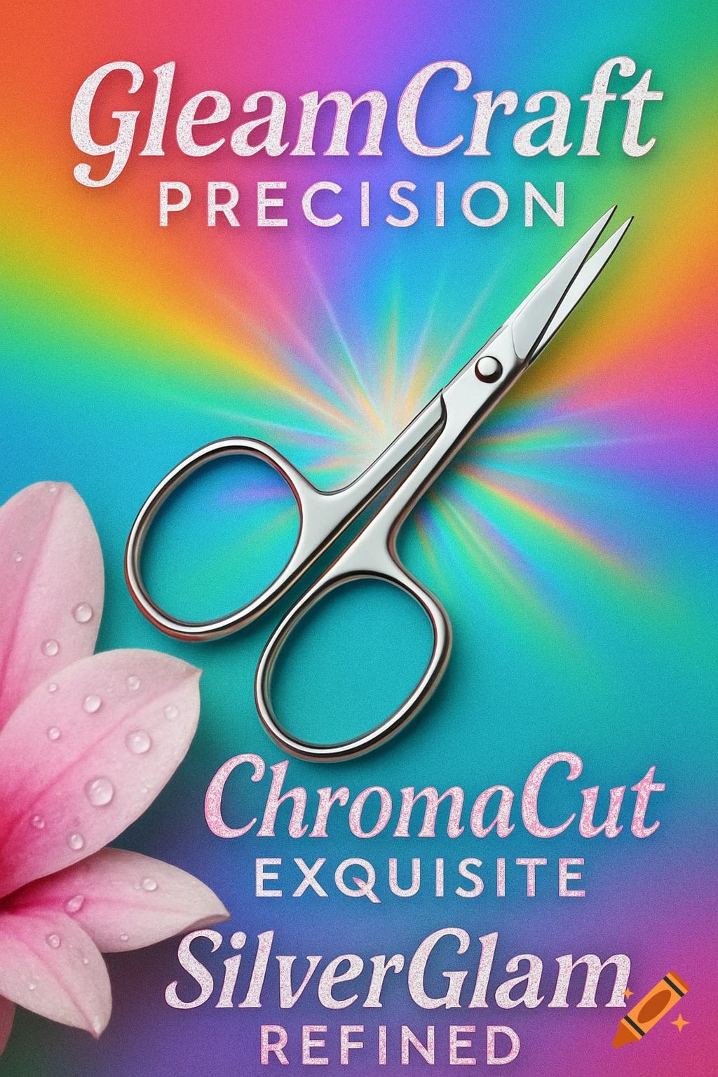 Silver manicure scissors on a bright rainbow background with pink flower petals and product names.