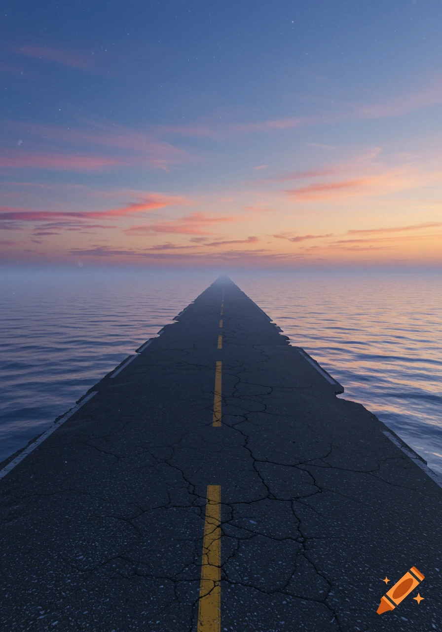 A long, cracked asphalt road stretches endlessly into a calm ocean under a colorful sunset sky.