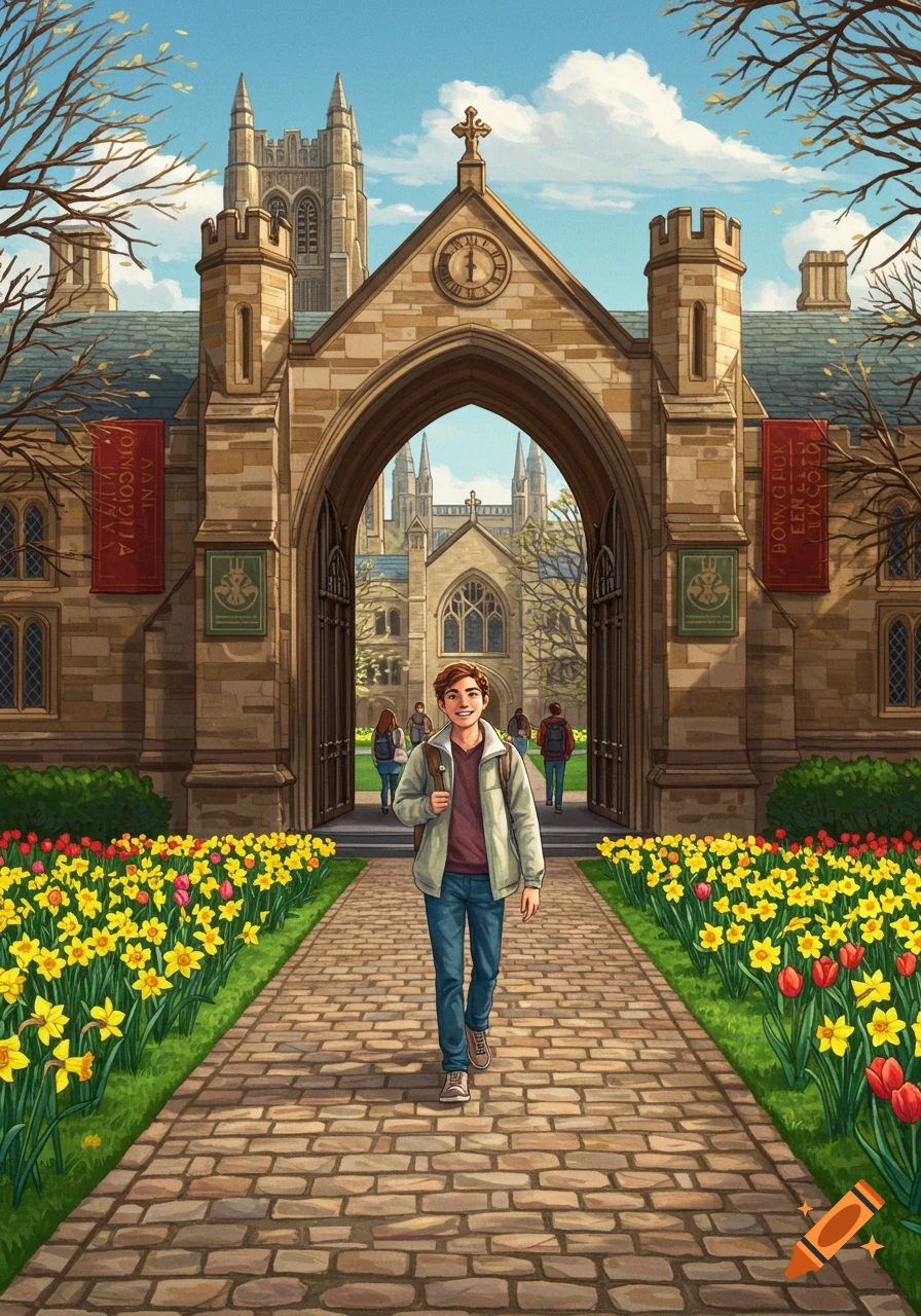 A happy male student walks from a grand university archway with flowers, other students in the background, in an illustrated style.